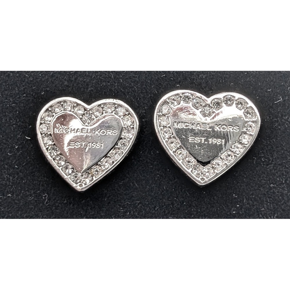Michael Kors Silver Tone Crystal Heart Stud Earrings MK EST 1981 Logo
